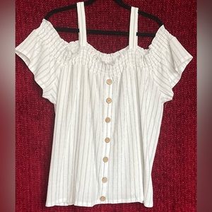 Belle by Belldini Striped Stretch Gauze Cold Shoulder Button Accent Blouse 3X